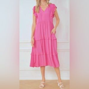 Entro-V-Neckline Midi Dress in Pink size S